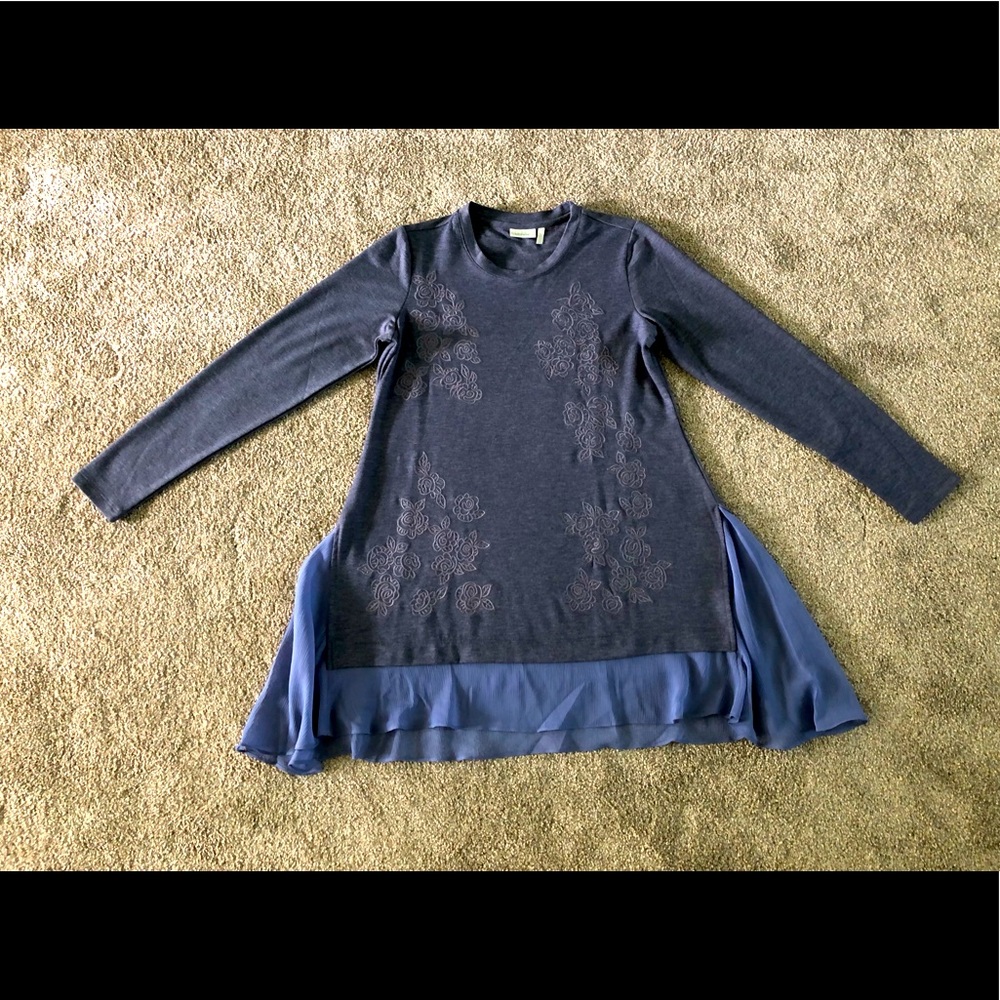 LOGO Lounge Top XS Jersey Knit Chiffon Flared Hem Embroidered Boho Pullover